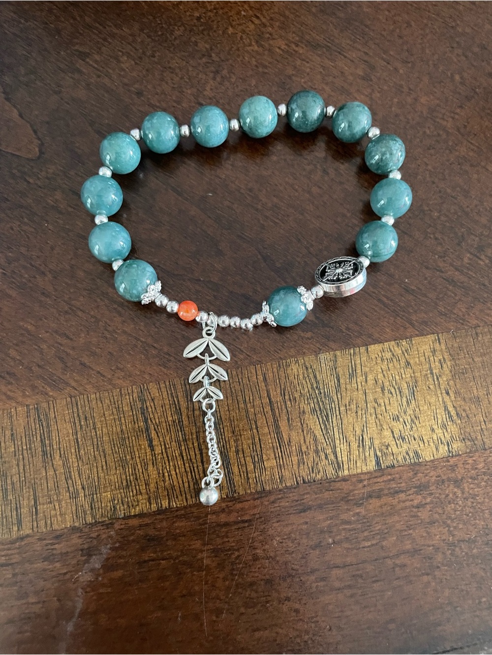 Jade Silver Leaf Charm Bracelet size 6.5
